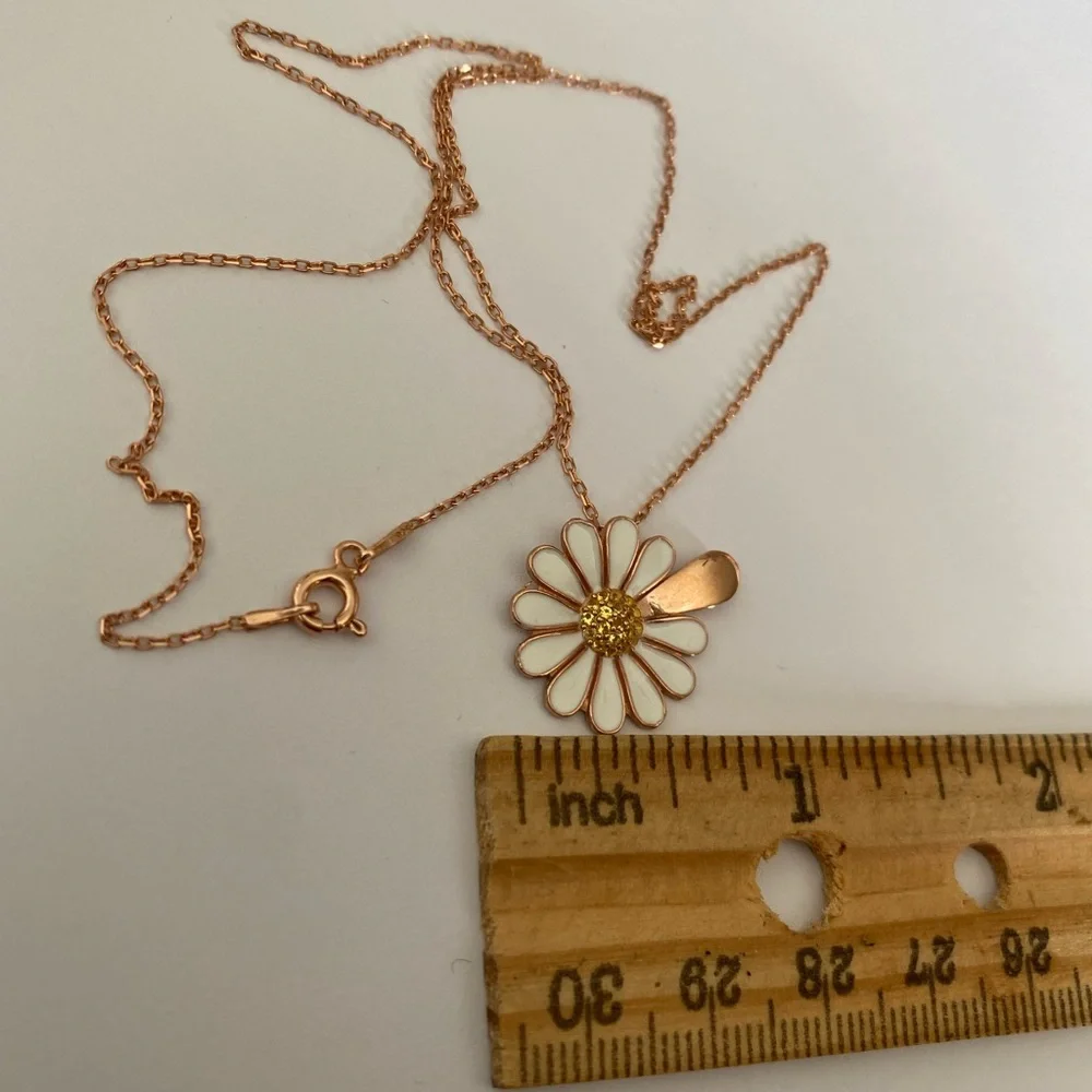 925 Silver daisy necklace cz initial handmade enamel 14k rose gold plated